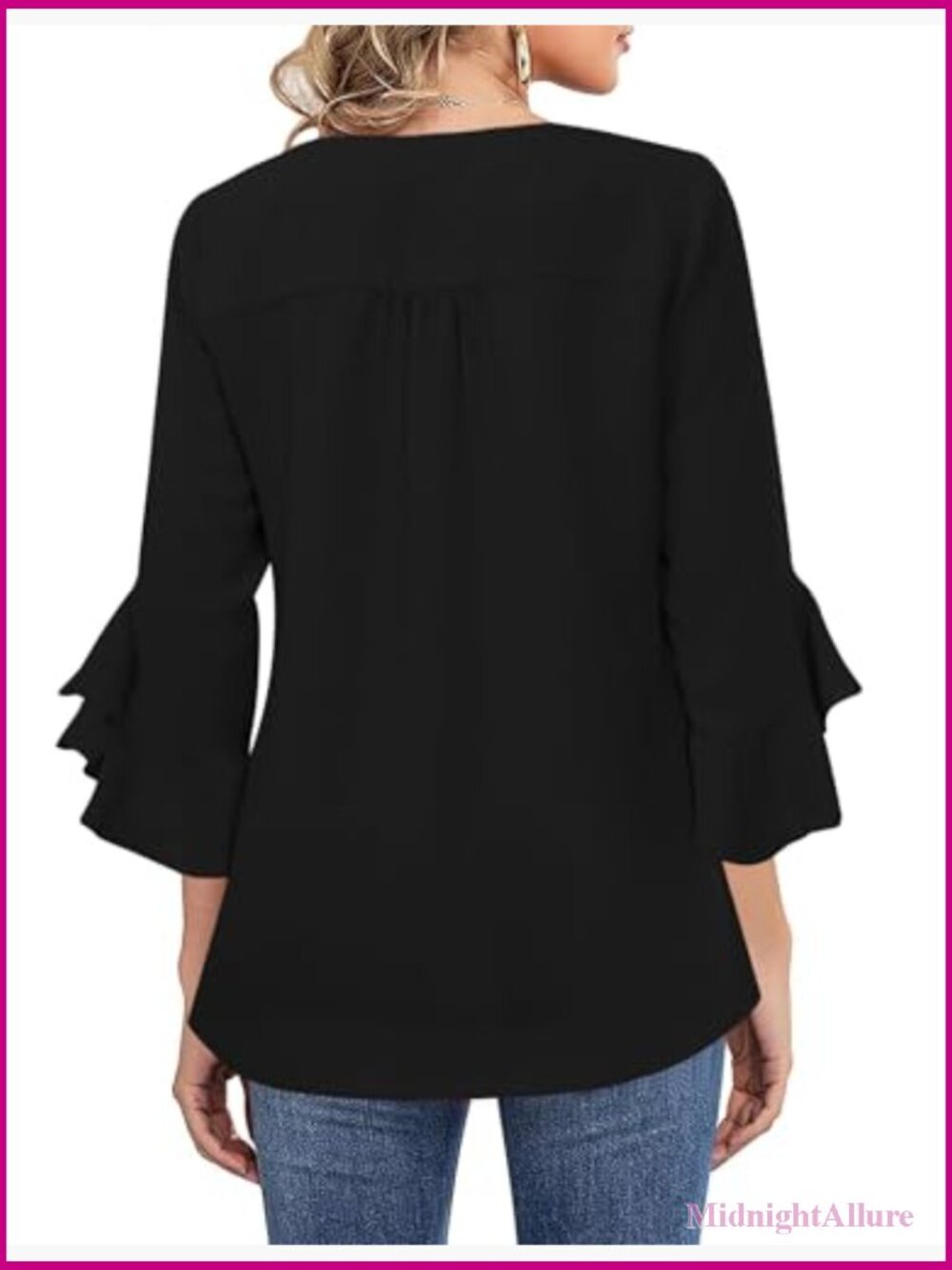 Womens Ruffle 3/4 Sleeve V Neck Blouse Business Casual Tunic Top - Picture 2 of 7